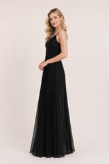 Robes de soirée longue plissée scintillante fines bretelles décolleté V avec tulle dos croisé et taille marquée | Dressie Dress