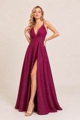 Femme Robes de soirée longue scintillante à bretelles fines décolleté V profond plissé taille haute marquée jupe évasée avec fente | Dressie Dress