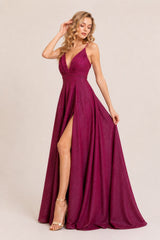 Femme Robes de soirée longue scintillante à bretelles fines décolleté V profond plissé taille haute marquée jupe évasée avec fente | Dressie Dress