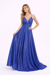 Femme Robes de soirée longue scintillante à bretelles fines décolleté V profond plissé taille haute marquée jupe évasée avec fente | Dressie Dress