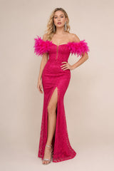 Robes de soirée longue moulante avec épaules dénudées et plumes dentelle brodée à sequins fente haute bretelles fines et empiècement tulle en V | Dressie Dress