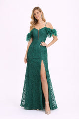 Robes de soirée longue moulante avec épaules dénudées et plumes dentelle brodée à sequins fente haute bretelles fines et empiècement tulle en V | Dressie Dress