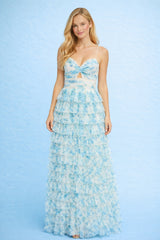 Robe longue femme Dressie Dress style français, imprimé floral bleu blanc, buste twisté, jupe à volants, fines bretelles, dos lacé.