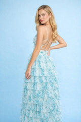 Robe longue femme Dressie Dress à imprimé floral bleu blanc, buste twisté, fines bretelles, jupe à volants, look romantique.