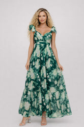 Robe longue imprimée floral pour femme, manches volantées, encolure cœur, taille haute, jupe fluide, marque Dressie Dress