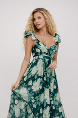 Robe longue femme imprimée à motif floral, manches volantées, encolure en cœur, taille haute et jupe fluide, Dressie Dress