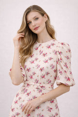 Robe femme midi évasée imprimée fleurs, col rond, manches bouffantes, ceinture à la taille, marque Dressie Dress.