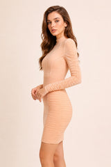 Robe bandage moulante pour femme avec empiècement en tulle, col montant, manches longues froncées et taille gainante, Dressie Dress