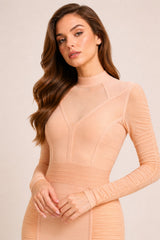 Robe bandage moulante pour femme avec tulle, col montant, manches longues, fronces et taille gainante, marque Dressie Dress