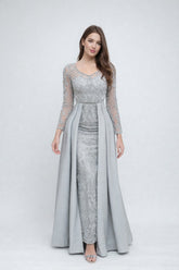 Femme Robe de soirée longue à manches longues en tulle brodé perlé décolleté V coupe gainante avec sur-jupe drapée sur les côtés | Dressie Dress