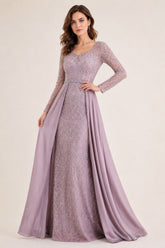 Femme Robe de soirée longue à manches longues en tulle brodé perlé décolleté V coupe gainante avec sur-jupe drapée sur les côtés | Dressie Dress