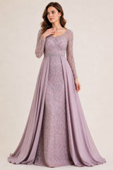 Femme Robe de soirée longue à manches longues en tulle brodé perlé décolleté V coupe gainante avec sur-jupe drapée sur les côtés | Dressie Dress