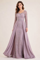 Femme Robe de soirée longue à manches longues en tulle brodé perlé décolleté V coupe gainante avec sur-jupe drapée sur les côtés | Dressie Dress