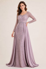 Femme Robe de soirée longue à manches longues en tulle brodé perlé décolleté V coupe gainante avec sur-jupe drapée sur les côtés | Dressie Dress