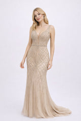 Femme Robes de soirée longue sirène moulante à décolleté V avec tulle illusion perlage géométrique et taille marquée – Effet glamour | Dressie Dress