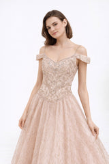 Robes de soirée princesse en tulle jacquard pailleté décolleté cœur épaules dénudées avec fines bretelles corsage brodé perlé jupe ample longue | Dressie Dress