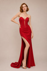 Femme Robes de soirée longue bustier effet corset baleines structurées tissu scintillant et fente haute | Dressie Dress