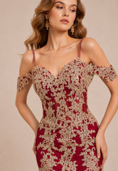 Robe de soirée sirène pour femme Dressie Dress avec bretelles, épaules dénudées, dentelle brodée, décolleté en cœur et tulle scintillant