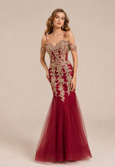 Robe de soirée sirène pour femme Dressie Dress avec bretelles, épaules dénudées, dentelle brodée, décolleté cœur et tulle scintillant