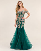 Women's Embroidered Lace Applique Sweetheart Neckline Mermaid Evening Dress with Straps and Cold Shoulder, Fitted Waist, and Shimmering Tulle Skirt | Dressie Dress