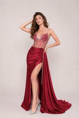 Robe de soirée moulante pour femme avec bustier cœur, détails en strass, tulle illusion, fente haute et drapé latéral, Dressie Dress