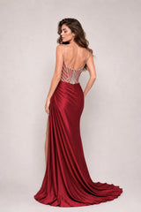 Robe de soirée moulante femme Dressie Dress avec bustier cœur, lignes strass, tulle illusion, fente haute et drapé latéral