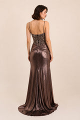 Robe de soirée sirène pour femme Dressie Dress avec décolleté en V, fines bretelles, perles et strass, drapé croisé à la taille