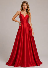 Robe de soirée longue rouge pour femme, à fines bretelles, décolleté en V, taille haute et dos nu, par Dressie Dress.