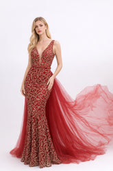 Femme Robes de soirée sirène avec décolleté V en tulle illusion broderies baroques dorées sequins ceinture perlée + surjupe tulle amovible avec longue traîne | Dressie Dress