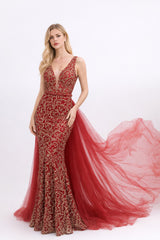 Femme Robes de soirée sirène avec décolleté V en tulle illusion broderies baroques dorées sequins ceinture perlée + surjupe tulle amovible avec longue traîne | Dressie Dress