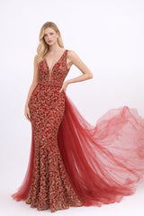 Femme Robes de soirée sirène avec décolleté V en tulle illusion broderies baroques dorées sequins ceinture perlée + surjupe tulle amovible avec longue traîne | Dressie Dress