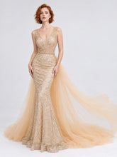 Femme Robes de soirée sirène avec décolleté V en tulle illusion broderies baroques dorées sequins ceinture perlée + surjupe tulle amovible avec longue traîne | Dressie Dress