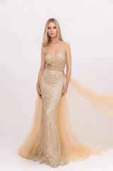 Femme Robes de soirée sirène avec décolleté V en tulle illusion broderies baroques dorées sequins ceinture perlée + surjupe tulle amovible avec longue traîne | Dressie Dress