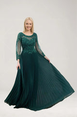 Femme Robe de soirée longue avec manches en tulle transparent brodé taille cintrée et jupe plissée fluide | Dressie Dress - Dressie Dress
