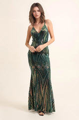 Langes Pailletten-Abendkleid für Damen mit geometrischem Muster, V-Ausschnitt, tiefem Dekolleté, dünnen Trägern, betonter Taille und Reißverschluss hinten | Dressie Dress