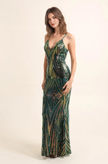 Langes Pailletten-Abendkleid für Damen mit geometrischem Muster, V-Ausschnitt, tiefem Dekolleté, dünnen Trägern, betonter Taille und Reißverschluss hinten | Dressie Dress