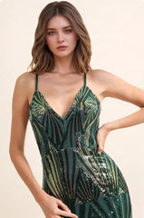 Langes Pailletten-Abendkleid für Damen mit geometrischem Muster, V-Ausschnitt, tiefem Dekolleté, dünnen Trägern, betonter Taille und Reißverschluss hinten | Dressie Dress