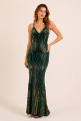 Femme Robe de soirée longue à sequins motif géométrique décolleté V & plongeant bretelles fines taille marquée et zip au dos | Dressie Dress