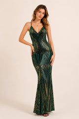 Femme Robe de soirée longue à sequins motif géométrique décolleté V & plongeant bretelles fines taille marquée et zip au dos | Dressie Dress