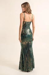 Langes Pailletten-Abendkleid für Damen mit geometrischem Muster, V-Ausschnitt, tiefem Dekolleté, dünnen Trägern, betonter Taille und Reißverschluss hinten | Dressie Dress