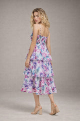 Robes imprimées à fines bretelles décolleté cœur avec bonnets structurés & jupe midi à volants superposés et dos smocké | Dressie Dress - Dressie Dress