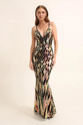 Femme Robe de soirée longue à bretelles décolleté V profond & sequins motif géométrique coupe moulante avec bas évasé | Dressie Dress