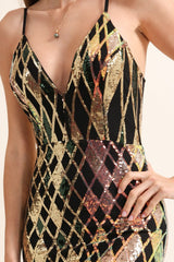 Women's Long Evening Dress with Straps, Deep V-Neck & Geometric Sequin Pattern, Bodycon Fit with Flared Skirt | Dressie Dress