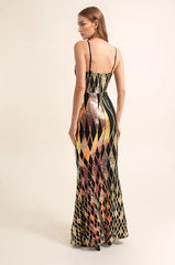 Women's Long Evening Dress with Straps, Deep V-Neck & Geometric Sequin Pattern, Bodycon Fit with Flared Skirt | Dressie Dress