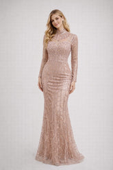 Robes prestige longue sirène à manches longues col haut illusion effet collier broderies perlées & sequins poitrine structurée et taille marquée | Dressie Dress