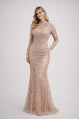 Robes prestige longue sirène à manches longues col haut illusion effet collier broderies perlées & sequins poitrine structurée et taille marquée | Dressie Dress