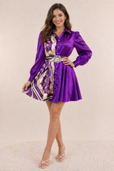 Robe courte chemise satinée avec imprimé contrasté, manches longues bouffantes et ceinture bijou, robe élégante Dressie Dress.