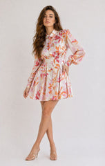 Robe courte imprimée pour femme de la marque Dressie Dress, style romantique français, col chemise, manches bouffantes et jupe évasée