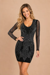 Femme Robe de fête moulante à manches longues avec motif cristallin sculptant – Met en valeur la silhouette | Dressie Dress