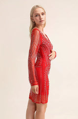 Femme Robe de fête moulante à manches longues avec motif cristallin sculptant – Met en valeur la silhouette | Dressie Dress